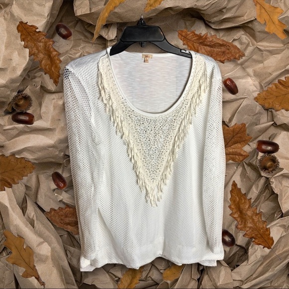 Reba Cream Top w Sequins & Fringe Netted Overlay w Netted Sleeves Wm XL - Picture 1 of 4